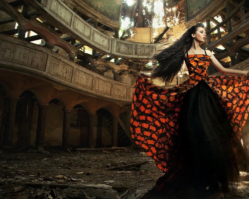 An actress in old, abandon theater